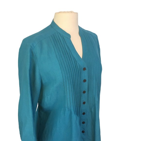 Van Heusen Studio‎ Womens Teal Blue Linen Blend Peasant Top, Shirt, Pintucks L - Picture 3 of 9